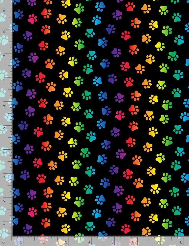 Day of Dead Pets Fabric - Rainbow Cat Paw Print Black - Timeless Treasures YARD - Image 1 of 1