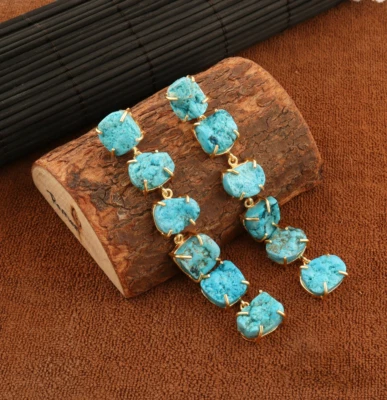 Pendiente de mujer estilo moderno enchapado en oro turquesa crudo gota larga hecho a mano Foto 1 de 4