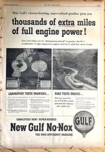 Pubblicità giornale pagina intera 1954 per gas Gulf No-Nox - migliaia di miglia in più! - Foto 1 di 1