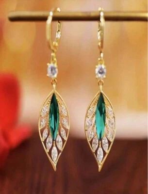 Women's Long Green Rhinestone Leaf Decor Dangle Drop Gold Metal Earrings Party - Image 1 of 3