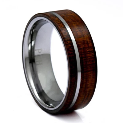 Anillo de tungsteno para hombre con incrustación de madera de koa hawaiano, alianza de boda de ajuste cómodo de 8 mm Foto 1 de 4