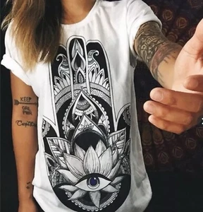 HAMSA HAND T-Shirt Womens Medium White Evil Eye Third 3rd Eye Graphic Tee NEW - Picture 1 of 7