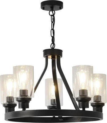 Lámpara de araña de granja redonda 5 luces negra con pantalla de vidrio Foto 1 de 4