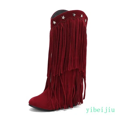 Bota de gamuza sintética con borla tachonada hasta la rodilla de media pantorrilla para mujer tacón de cuña bajo talla grande Foto 1 de 4
