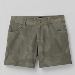 Neu ohne Etikett Prana | Halle II salbeifarbene tarnfarbene Shorts Stretch feuchtigkeitsableitend UPF 50+, Damen 12 - Bild 1 von 7