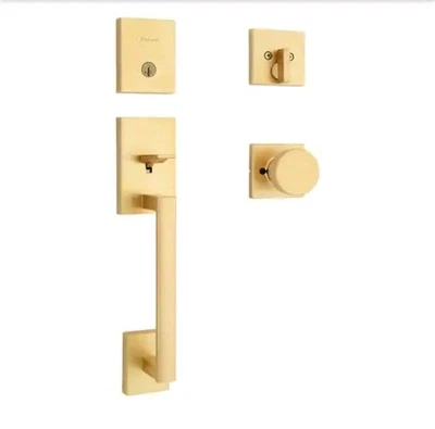 Juego de manijas de puerta de bajo perfil monocilíndrico KwiksetSan Clemente con perilla cuadrada Foto 1 de 4