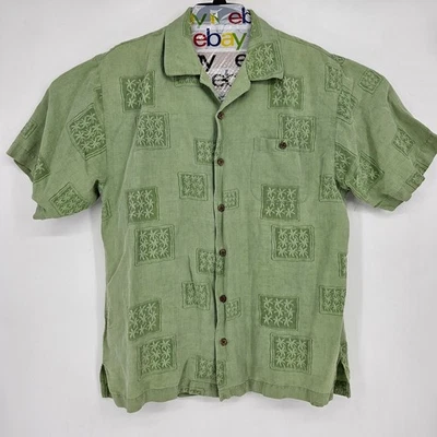 Tommy Bahama Shirt Mens Medium Linen Silk Floral Hawaiian Button Jacquard Green - Image 1 of 4