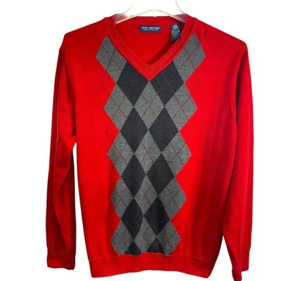 Suéter Argyle John Ashford Para Hombre Mediano Lana Merino Cuello en V Rojo Negro Gris Nuevo Foto 1 de 4