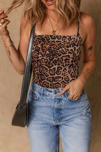 Body de leopardo fruncido con tirantes de espagueti marrón - Imagen 1 de 8