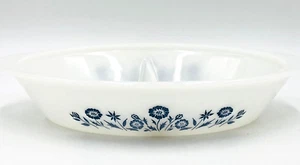 Blue Cornflower Glasbake Milk Glass Divided Oval Baking Serving Dish - Picture 1 of 4