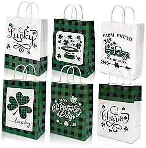  St. Patrick's Day Paper Bags with Handle Green Black Buffalo Plaids Shamrock 