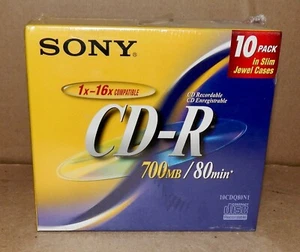 Sony CD-R Disks 10 Pack Jewel Cases 700mb/80 min Disc Recordable 10CD80N1 180B - Picture 1 of 5
