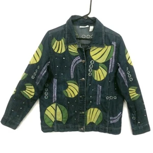 Marsh Landing Jacket Womens Sz M Blue Jean LS Button Up Green Purple Stone Deco - Picture 1 of 9