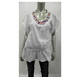 NY Collection Women Shirt Blouse Blouson Top M White Beaded Crinkled Cotton - Picture 1 of 1