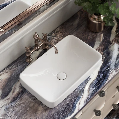 Fregadero de baño 19" x 12" de cerámica blanca, fregadero semi empotrado con desagüe Foto 1 de 4