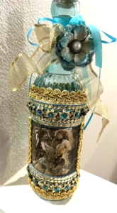 Repurposed OOAK Victorian Bottle Art Turquoise Glass 11"T Vintage Jeweled Ribbon - Picture 1 of 13