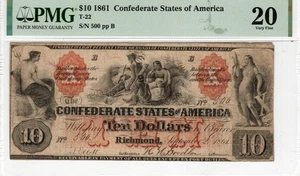 T-22 PF-1 $10 Confederate Paper Money 1861 - PMG Very Fine 20 - Nice color - Picture 1 of 2