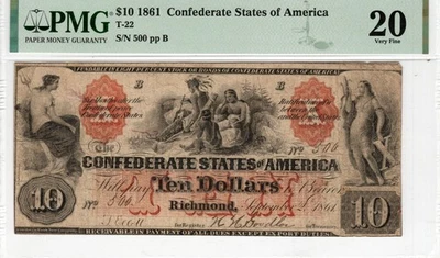 T-22 PF-1 $10 Confederate Paper Money 1861 - PMG Very Fine 20 - Bright color - Image 1 of 2