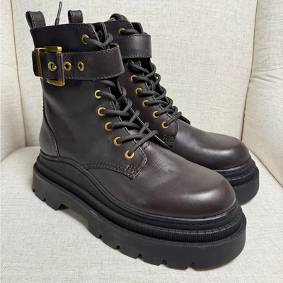 New Michael Michael Kors Colby Leather Combat Boots Brown Gold Hardware Womens 9 - Image 1 of 4