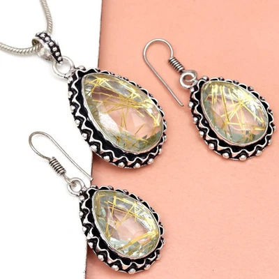 Conjunto de pendientes de oro rutilo joyería 18-20"" colgante cuarzo esterlina Foto 1 de 4