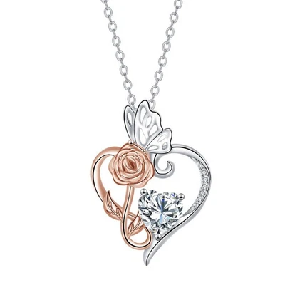 European Silver Plated Butterfly Rose Heart Necklace Pendant CZ Women Jewelry - Image 1 of 4