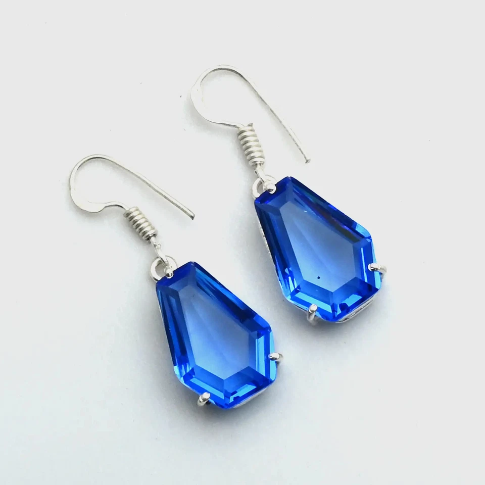 Pendientes colgantes hechos a mano con piedras preciosas de topacio azul joyería regalo 1,4" AE-11604 Foto 1 de 1