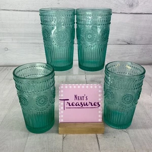 The Pioneer Woman ADELINE Turquoise Ribbed Medallions 16oz Glass Tumblers Set 4 - Picture 1 of 17