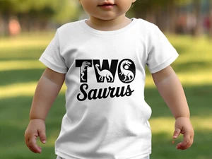 Boys 2nd Birthday T Shirt White T-Shirt Dinosaur Two Saurus Themed Party Shirt - Picture 1 of 5