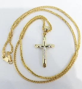 Real 10k Two Tone Gold Tube Cross Crucifix Jesus Pendant Charm Franco Chain 20" - Picture 1 of 12