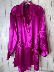 Susan Graver Top 2X Plus Shirt Tunic Button Up Pink Satin Belted Boho Fair L/S - Picture 1 of 9