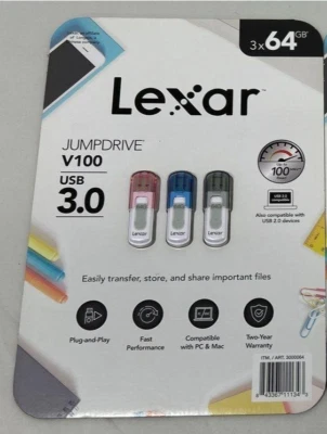 Lexar JumpDrive V100 3x 64GB 3.0 USB Flash Drive Multi-Color PC & Mac Compatible - Image 1 of 3