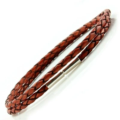 Brazalete de cuero trenzado y plata de ley - doble envoltura 3 mm antiguo rojo marrón Foto 1 de 4