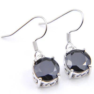 12MM Round Cut Natural Black Onyx Gemstone Silver Dangle Hook Earrings 22.65 Cts - Image 1 of 4