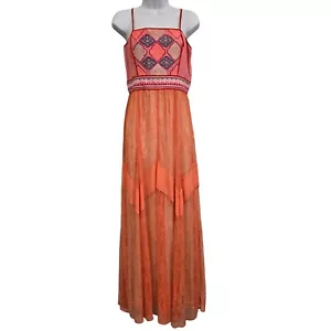 Champagne & Strawberry M Bohemian Coral Pink Embroidered Maxi Dress Sheer Lace O - Picture 1 of 11