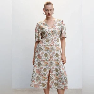 Mango Womens NWT Floral Print V-Neck Buttoned Linen-Blend Midi Dress Size 18 New - Picture 1 of 12