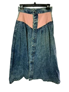 Vintage Rumble Nation by skin Denim skirt with pink leather inserts sz 8 midi - Picture 1 of 12