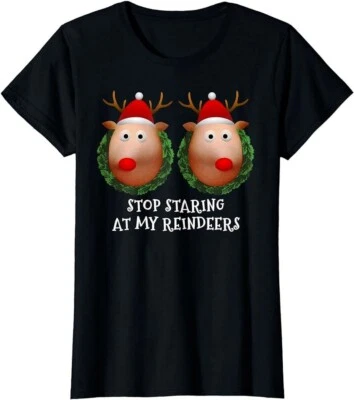 Womens Stop staring at my Reindeers Boobs Ugly Gag Xmas Sweater Short Sleeve T-S - Image 1 of 2