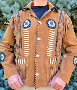 Men's XL Fringe Leather indian Jacket, Deer Antler Buttons, Beaded Coat - Picture 1 of 10