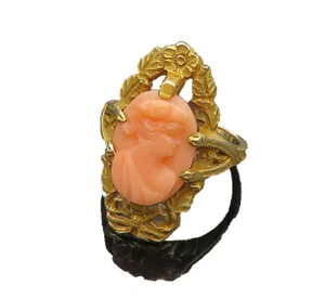 10K GOLD Vintage Carved Coral Woman Victorian Cocktail Ring Sz 5 GR038 - Picture 1 of 5