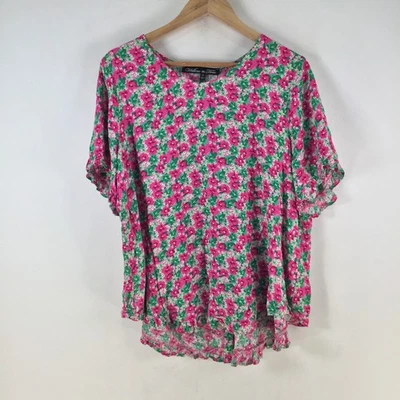 Willow tree womens blouse top size 12 pink green floral short sleeve rayon115549 - image 1 of 4