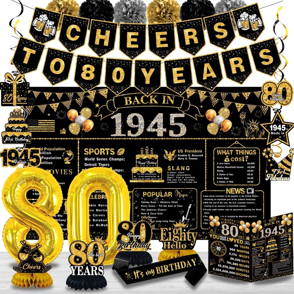 Decoraciones de cumpleaños 80 para hombre mujer, 22 piezas en 1945 oro negro 1945  Foto 1 de 4