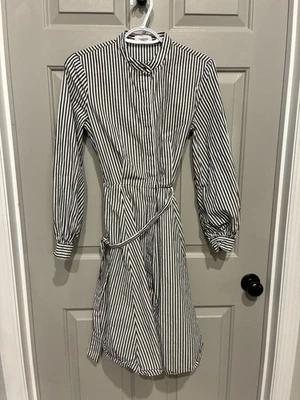 Calvin Klein Women’s Gray White Striped Long Sleeve Shirt Dress Belted Size 4 - Image 1 of 4