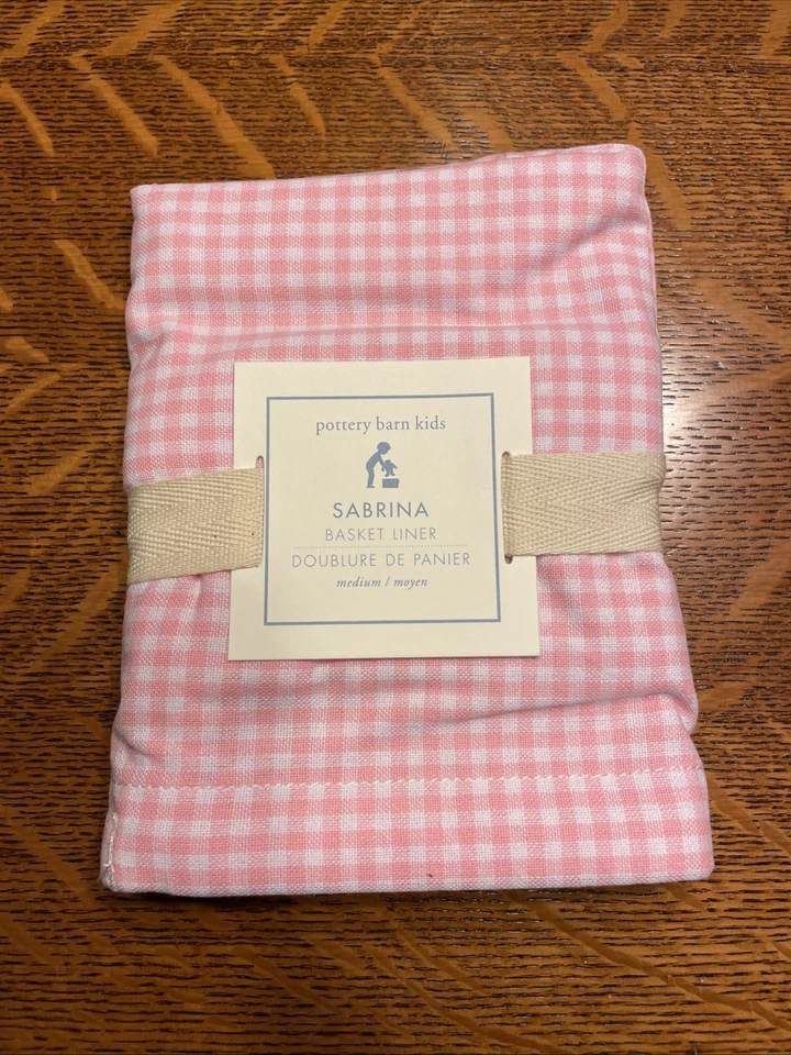Forro de cesta de mimbre Pottery Barn Kids Sabrina mediano rosa y blanco guinga Foto 1 de 2