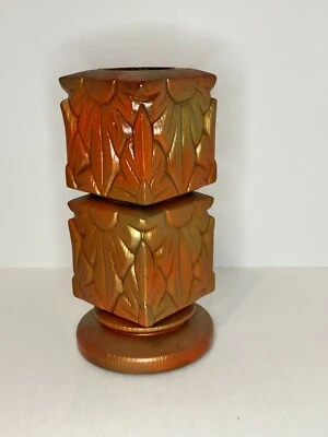 Jarrón de cerámica MCM Tiki cuadrado apilado diseño tallado pintado a mano 8,5" oro naranja Foto 1 de 4