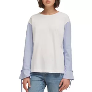 DKNY NUEVA Blusa Para Mujer Blanca Bloqueada por Rayas Manga Corbata XL TEDO - Imagen 1 de 3