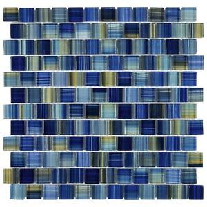 Modern 1X1 Staggered Squares Blue Yellow Glossy Glass Mosaic Tile MTO0615