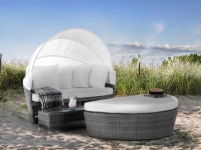 Großer Rattan Strandkorb GRAU Strandmuschel gepolsterte Sonneninsel Gartenliege - Bild 1 von 4