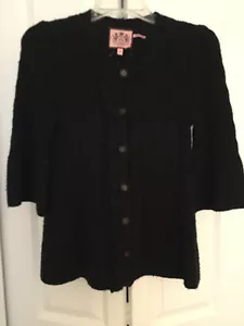 JUICY COUTURE BLACK CASHMERE BLEND 3/4 SLEEVE CARDIGAN SWEATER PETITE RUFFLE - Picture 1 of 7