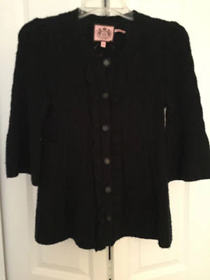JUICY COUTURE BLACK CASHMERE BLEND 3/4 SLEEVE CARDIGAN SWEATER PETITE RUFFLE  - Image 1 of 4