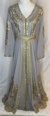 Women Two Piece Modest Kaftan  Grey Gold Fits Size Large/ Xlarge - Image 1 of 4